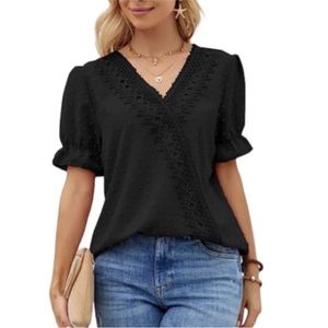 LOLONG Short Sleeve Faux Wrap Lace Blouse, Black, Size XL
